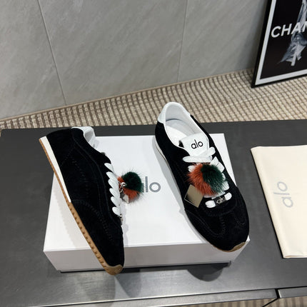 ALO 25S SUNSET SNEAKER IN BLACK SUEDE WITH PUFF CHARM