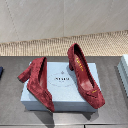 PRADA 26S SQUARE TOE HIGH HEELS 85MM IN DARK RED SUEDE WITH LOGO