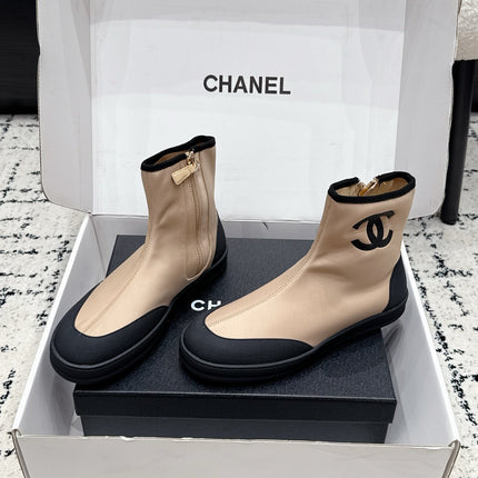 CHANEL 26S ZIPPER BOOTS IN BEIGE MIX BLACK FABRIC AND LAMBSKIN