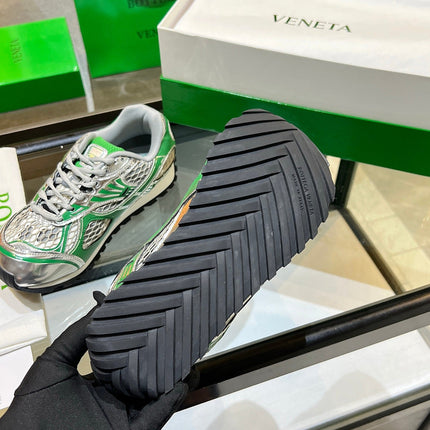 BOTTEGA VENETA 26S ORBIT SNEAKERS IN SILVER AND GREEN TECHNICAL MESH