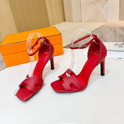 HM 26S H HIGH HEEL SANDALS 90MM IN DEEP RED GRAINED CALFSKIN