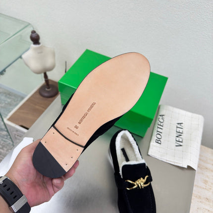 BOTTEGA VENETA 26S LOAFERS IN BLACK SUEDE AND WHITE WOOL WITH GOLD HARDWARE