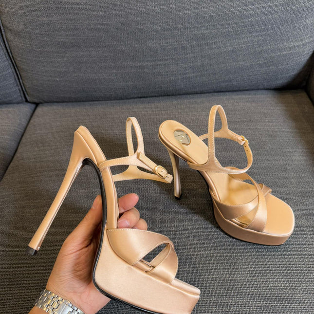 YSL 26S CROSS-STRAP SANDALS 150 MM IN NUDE SATIN