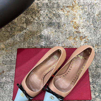 VALENTINO 26S BOW HIGH HEELS 75 MM IN NUDE AND LIGHT BLUE CALFSKIN