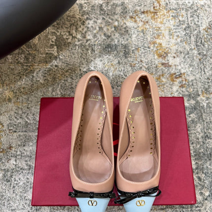 VALENTINO 26S BOW HIGH HEELS 75 MM IN NUDE AND LIGHT BLUE CALFSKIN