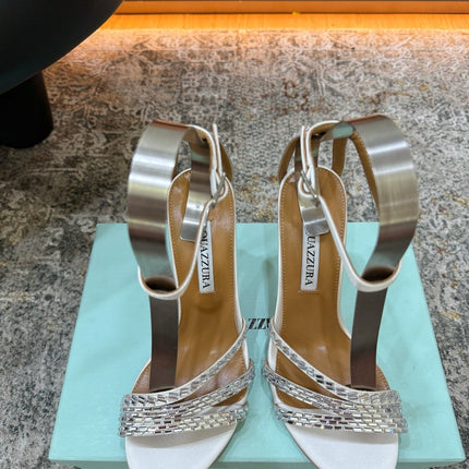 AQUAZZURA 26S HEELED SANDALS 95 MM IN OFF WHITE LEATHER CRYSTAL-EMBELLISHED STRAPS