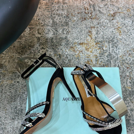 AQUAZZURA 26S HEELED SANDALS 95 MM IN BLACK SUEDE CRYSTAL-EMBELLISHED STRAPS