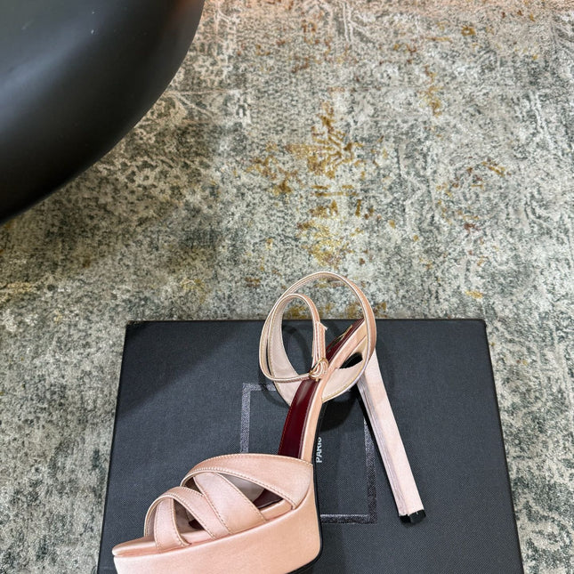 YSL 26S WOVEN-STRAP HIGH-HEEL SANDALS 130 MM IN LIGHT PINK SATIN