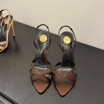YSL 26S HIGH-HEELED SANDALS 105 MM IN DARK BROWN SATIN