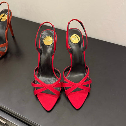 YSL 26S HIGH-HEELED SANDALS 105 MM IN RED SATIN