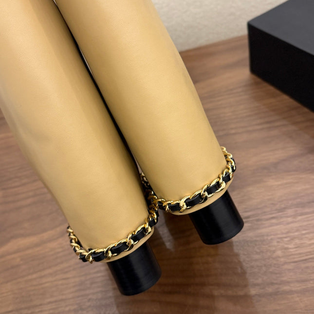 CHANEL 26S TALL BOOTS 60 MM IN BEIGE CALFSKIN TALL BOOTS WITH GOLD TONE CHAIN DETAIL