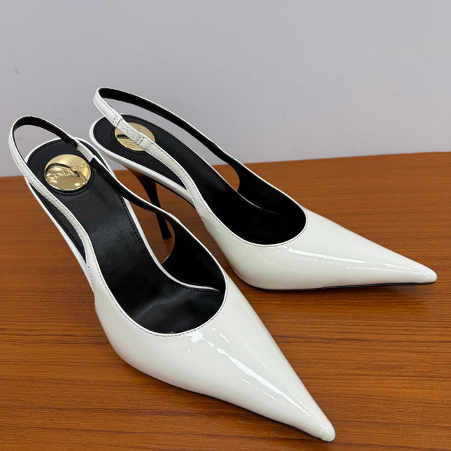 YSL 26S HEELED SLINGBACKS 100 MM IN WHITE GLOSSY CALFSKIN
