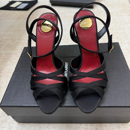 YSL 26S STRAPPY HEELED SANDALS 105 MM IN BLACK SATIN