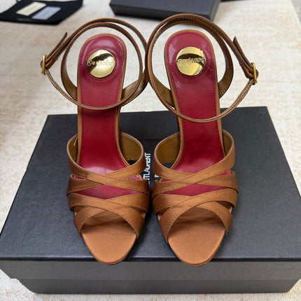 YSL 26S STRAPPY HEELED SANDALS 105 MM IN CLAY BROWN SATIN