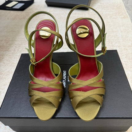 YSL 26S STRAPPY HEELED SANDALS 105 MM IN OLIVE GREEN SATIN
