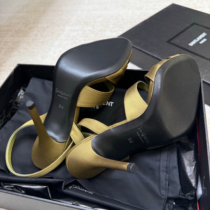 YSL 26S STRAPPY HEELED SANDALS 105 MM IN OLIVE GREEN SATIN