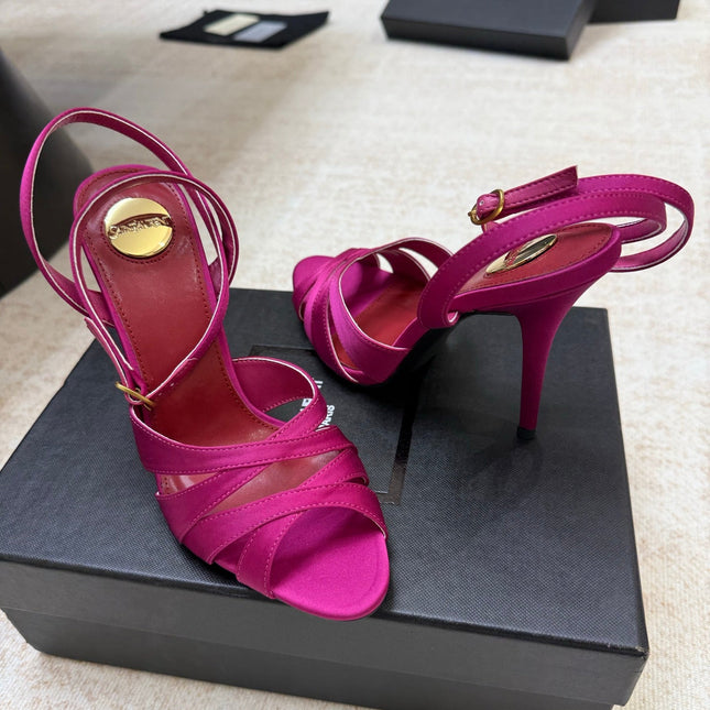 YSL 26S STRAPPY HEELED SANDALS 105 MM IN DARK PINK SATIN