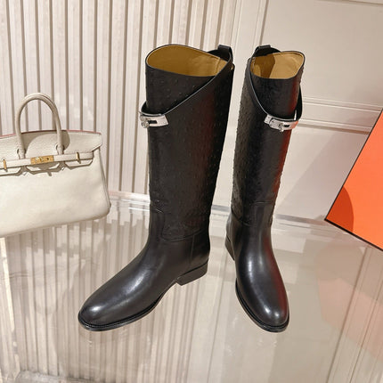 HM 26S TALL FLAT BOOTS IN BLACK OSTRICH LEATHER