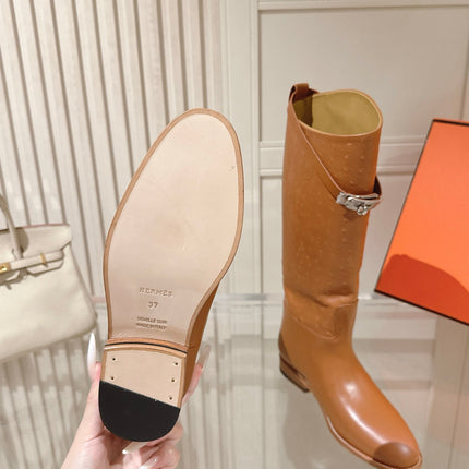 HM 26S TALL FLAT BOOTS IN COGNAC BROWN OSTRICH LEATHER