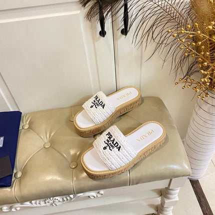 PRADA 26S SLIDE SANDALS CORK SOLE IN WHITE LOGO RAFFIA