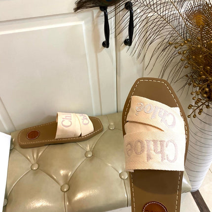 CHLOE 26S SQUARE-TOE SLIDES IN BEIGE CANVAS