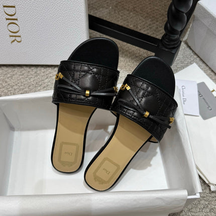 DIOR 26S FLAT MULES IN BLACK QUILTED LAMBSKIN GOLD HARDWARE