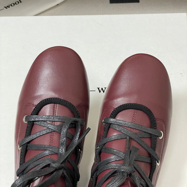 ALO 25S PALOMA WOOL FLAT ANKLE BOOTS IN DEEP RED LAMBSKIN