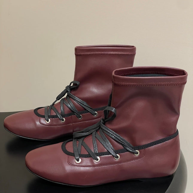 ALO 25S PALOMA WOOL FLAT ANKLE BOOTS IN DEEP RED LAMBSKIN