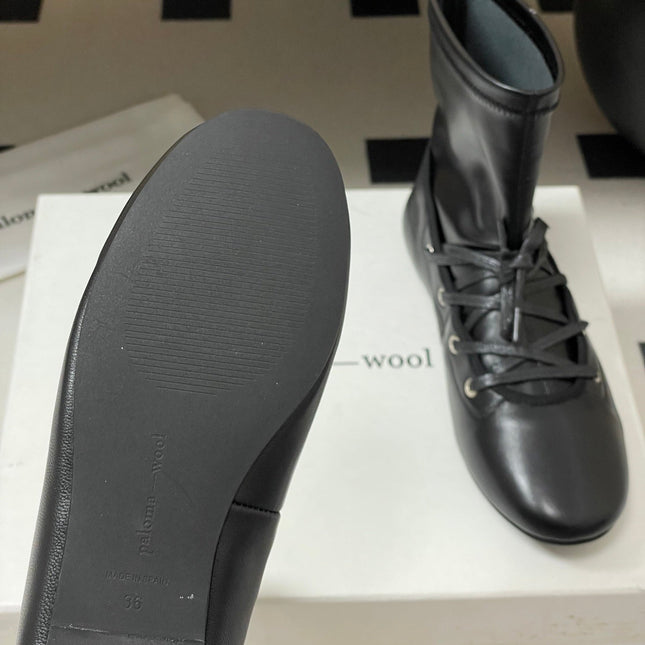 ALO 25S PALOMA WOOL FLAT ANKLE BOOTS IN BLACK LAMBSKIN