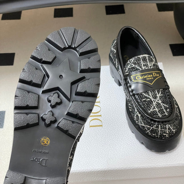 DIOR 25S BOY PLATFORM LOAFERS IN BLACK MIX WHITE TWEED AND LAMBSKIN