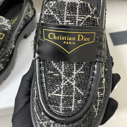 DIOR 25S BOY PLATFORM LOAFERS IN BLACK MIX WHITE TWEED AND LAMBSKIN