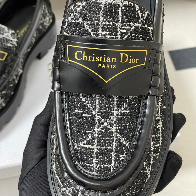 DIOR 25S BOY PLATFORM LOAFERS IN BLACK MIX WHITE TWEED AND LAMBSKIN