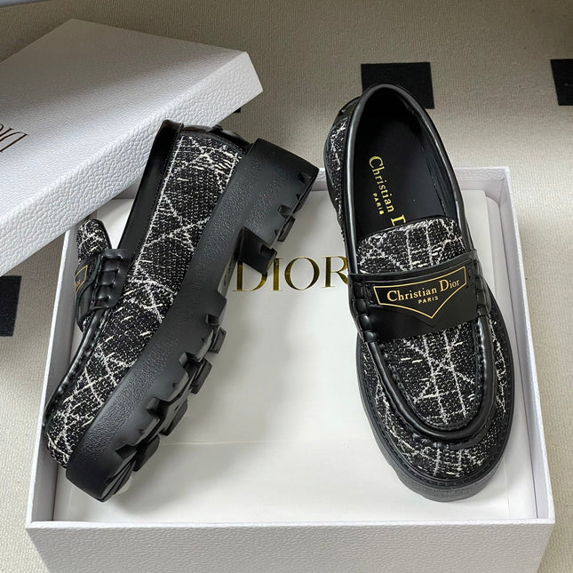 DIOR 25S BOY PLATFORM LOAFERS IN BLACK MIX WHITE TWEED AND LAMBSKIN