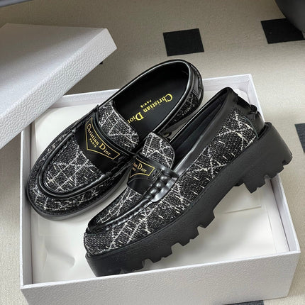 DIOR 25S BOY PLATFORM LOAFERS IN BLACK MIX WHITE TWEED AND LAMBSKIN