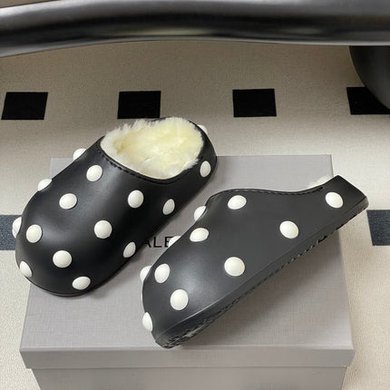 BALENCIAGA 25S FUR-LINED MULES IN BLACK AND WHITE FAUX LEATHER