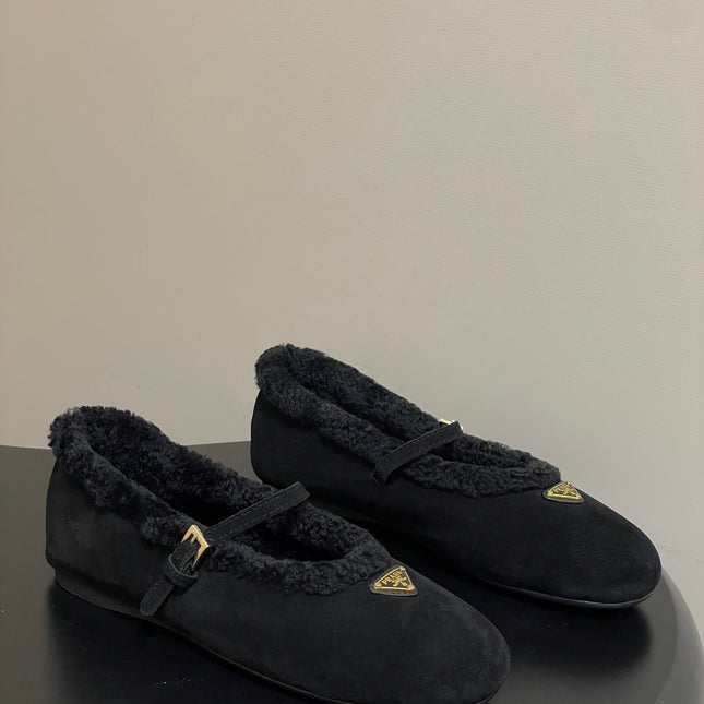 PRADA 25S MARY JANE FLATS IN BLACK SUEDE WITH GOLD HARDWARE