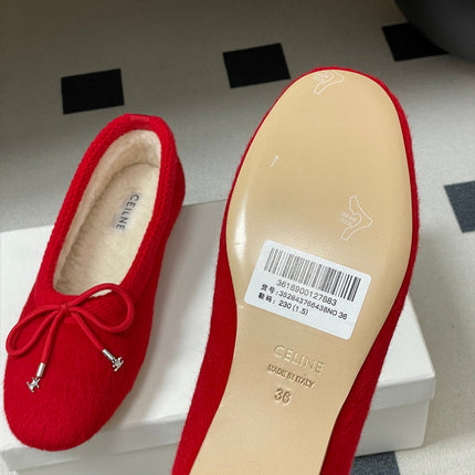 CELINE 26S BALLET FLATS IN RED WOOL WITH BOW STYLE 3