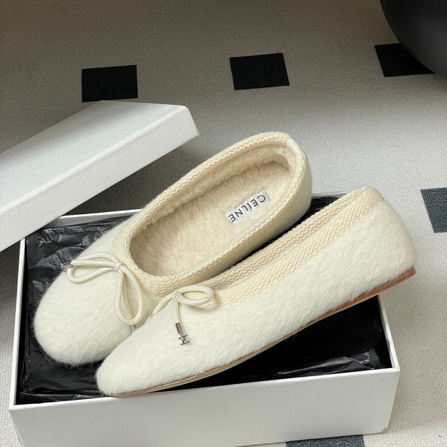 CELINE 26S BALLET FLATS IN WHITE WOOL WITH BOW STYLE 2