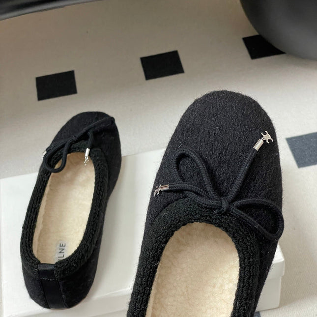 CELINE 26S BALLET FLATS IN BLACK WOOL WITH BOW STYLE 1