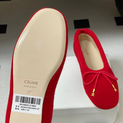 CELINE 26S BALLET FLATS IN RED WOOL WITH BOW