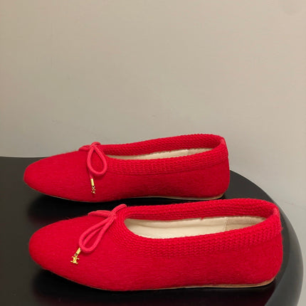 CELINE 26S BALLET FLATS IN RED WOOL WITH BOW