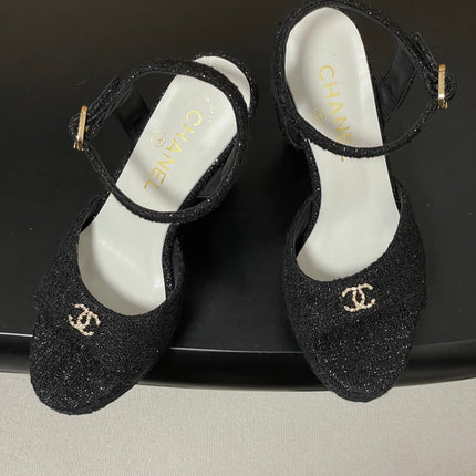 CHANEL 26S HIGH HEEL SANDALS 120 MM IN BLACK TWEED
