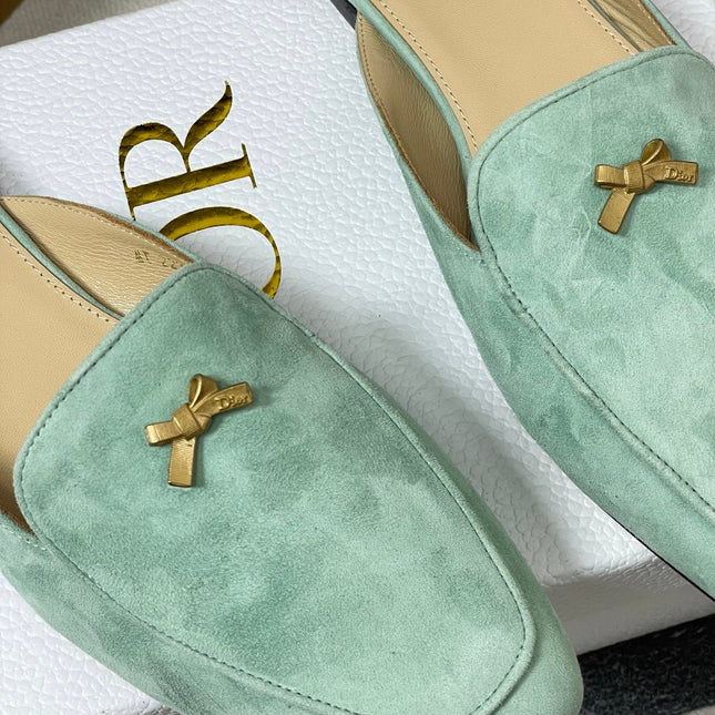 DIOR 26S MULES IN LIGHT MINT GREEN SUEDE WITH BOW