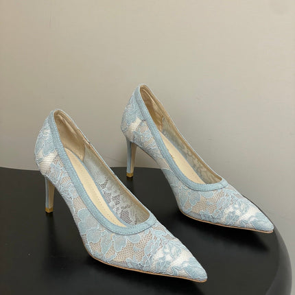 GIANVITO ROSSI 26S HIGH HEELS 85 MM IN LIGHT BLUE LACE