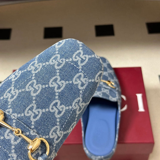 GUCCI 26S HORSEBIT LOAFER MULES IN BLUE DENIM