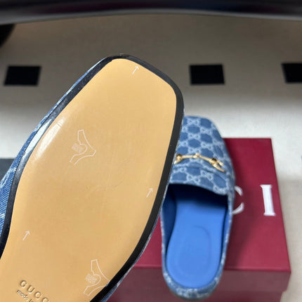 GUCCI 26S HORSEBIT LOAFER MULES IN BLUE DENIM