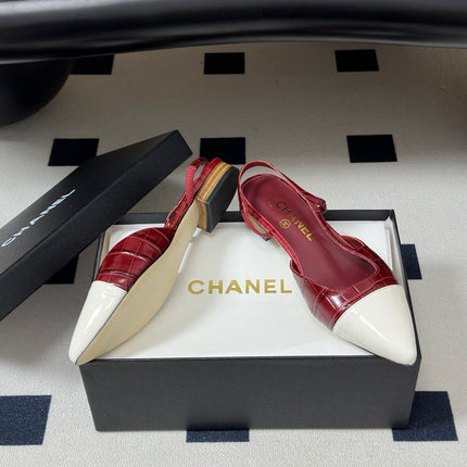 CHANEL 26S POINTED TOE SLINGBACKS IN DARK RED AND WHITE LAMBSKIN