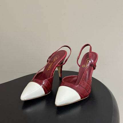 CHANEL 26S POINTED TOE HIGH HEEL SLINGBACKS 85 MM IN  DARK RED MIX WHITE LAMBSKIN