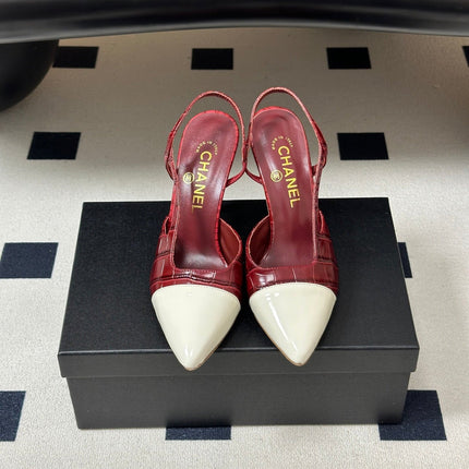 CHANEL 26S POINTED TOE HIGH HEEL SLINGBACKS 85 MM IN  DARK RED MIX WHITE LAMBSKIN