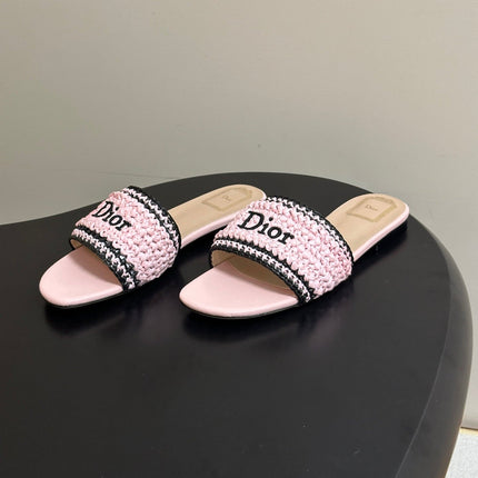 DIOR 26S FLAT SLIDE SANDALS IN PINK RAFFIA